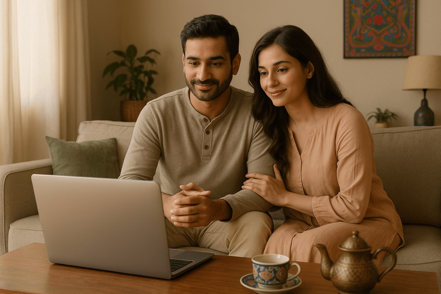 A couple having online therapy at home in Pakistan