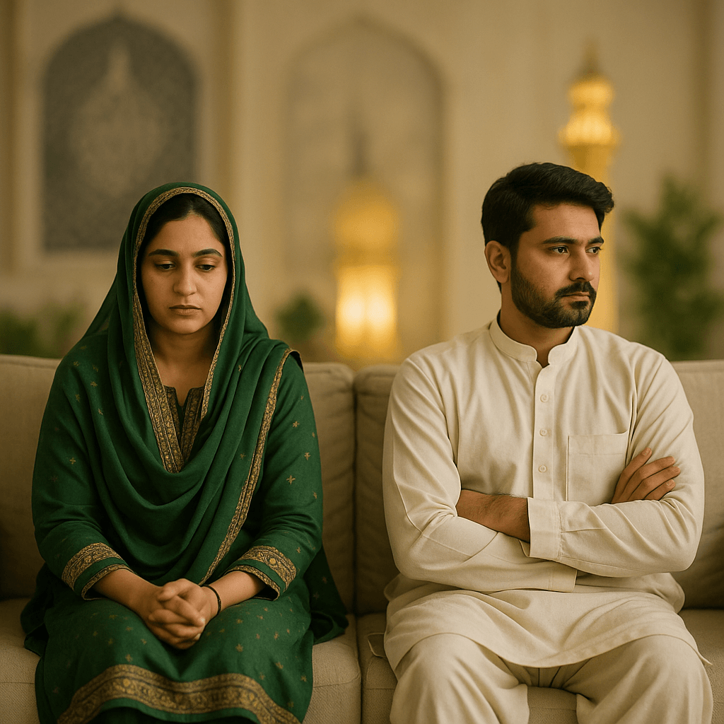 South Asian couple sitting apart in a quiet room, showing emotional distance and tension, representing the cultural stigma around relationship counseling in Pakistan.
