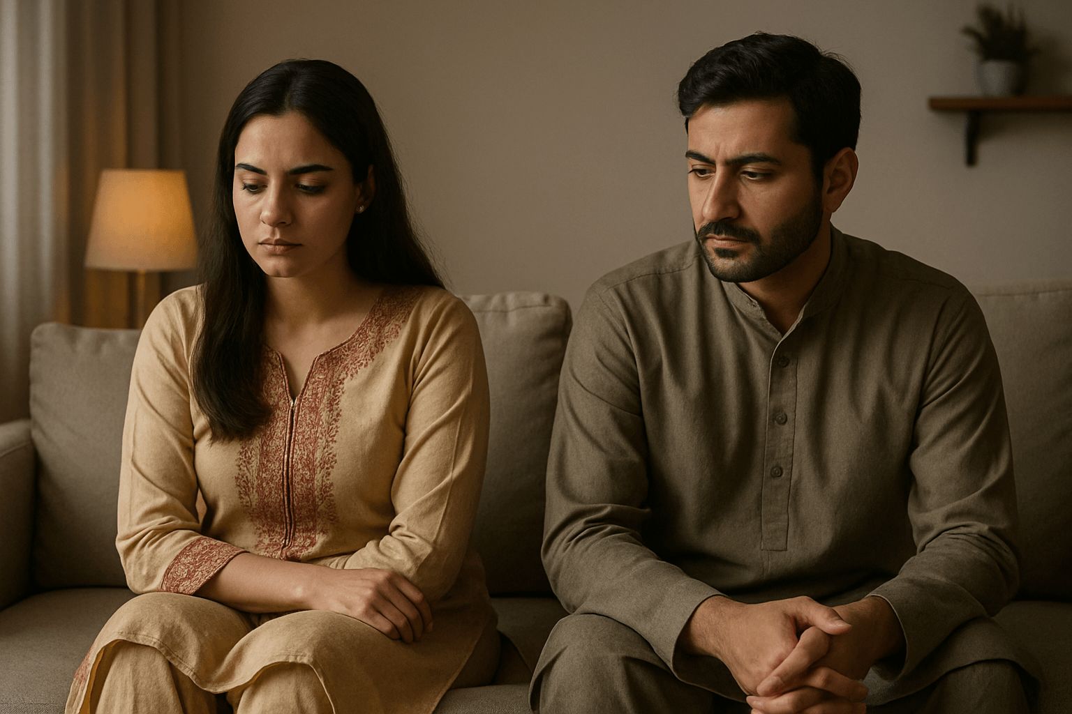 A Pakistani couple sitting apart and looking emotionally distant