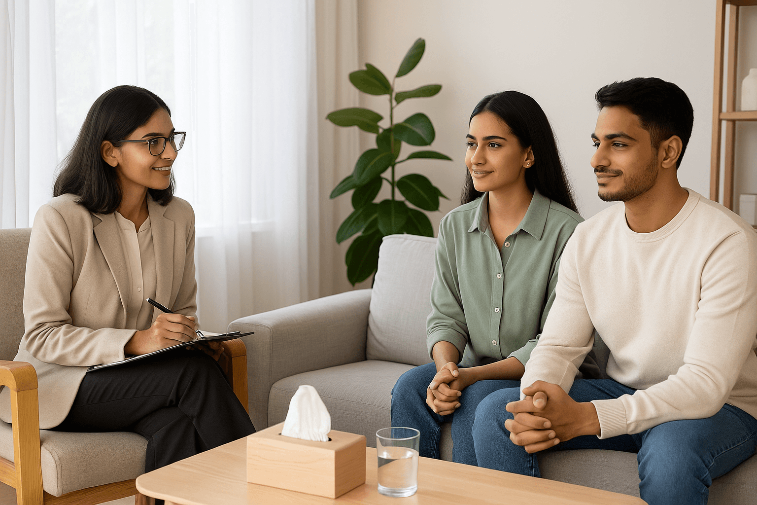 A therapist talking to a young couple in a peaceful therapy session in Pakistan