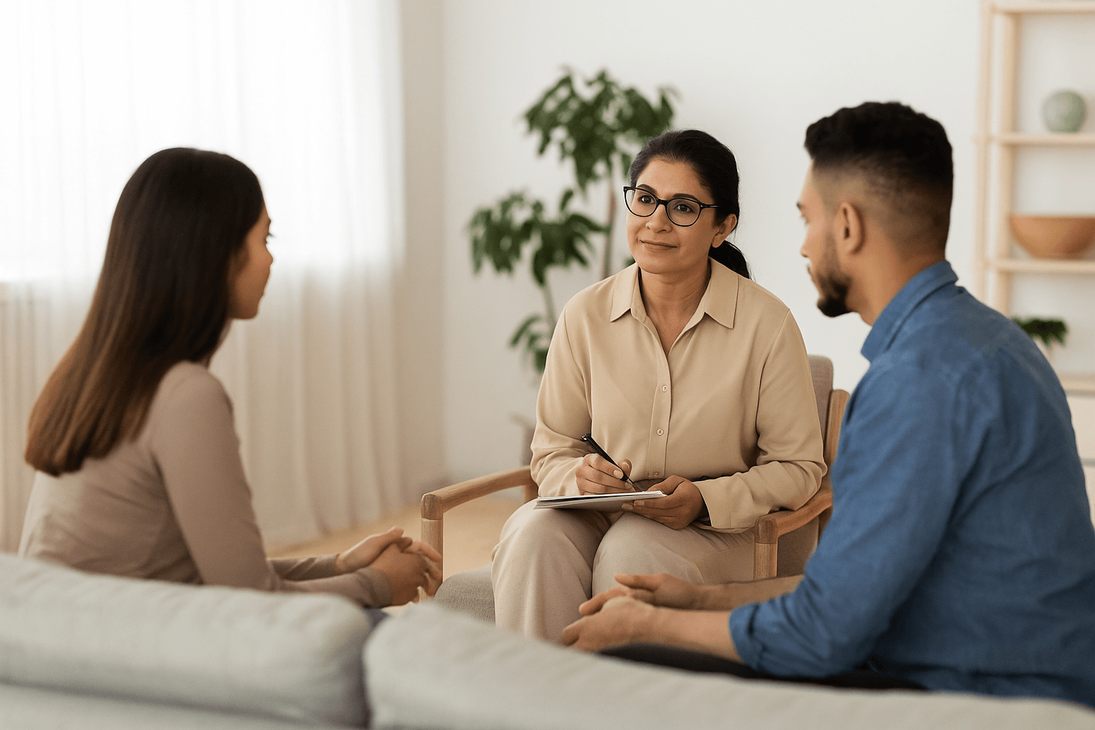 A therapist helping a young couple during a peaceful counseling session, representing mental health in Pakistan.