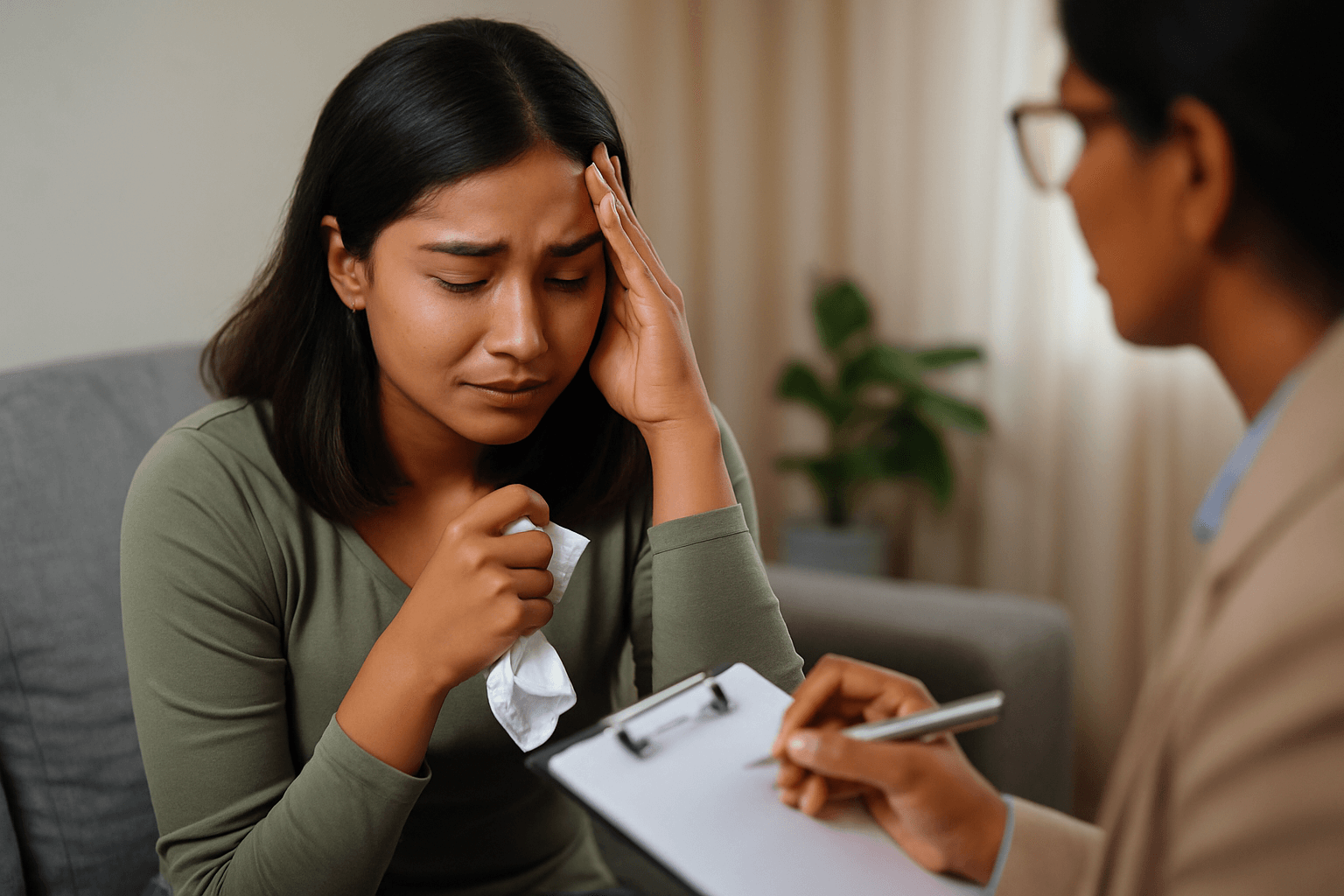 A woman sitting peacefully after therapy for a toxic relationship in Pakistan