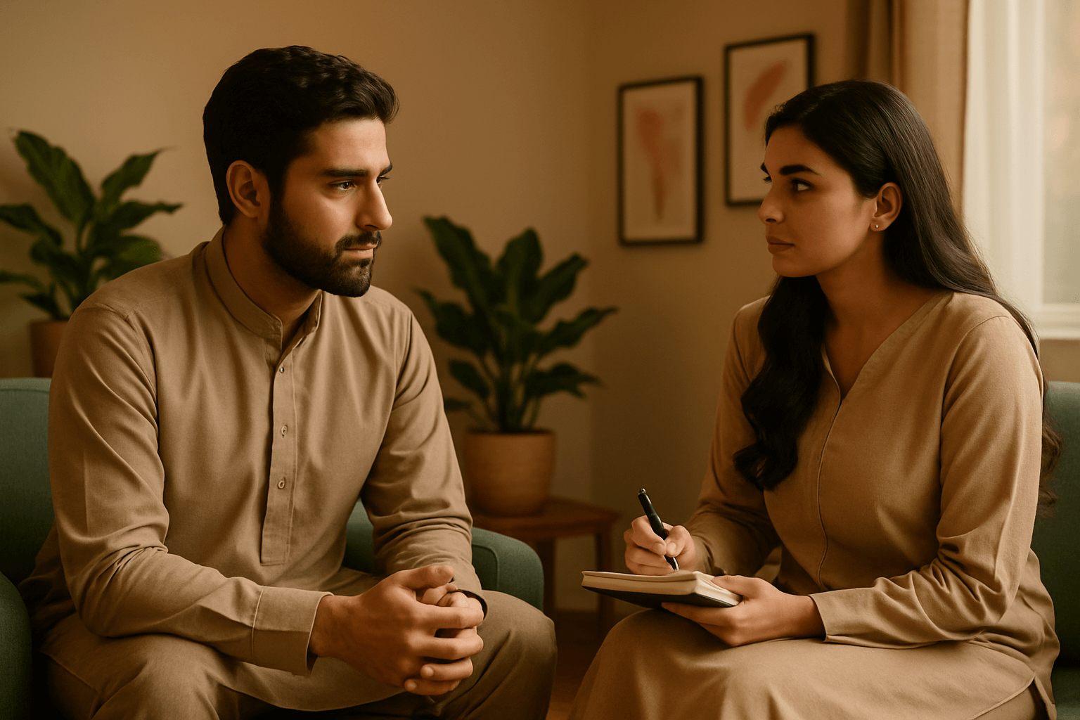 Two Pakistani adults in a counseling session, seated in a cozy modern office with warm natural lighting, therapist holding a notebook, client listening attentively, symbolizing efforts to bridge the mental health gap in Pakistan.