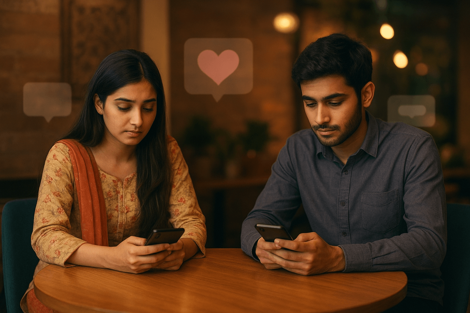 Pakistani couple sitting apart in a café, looking hesitant while using dating apps, symbolizing dating app stigma in Pakistan.
