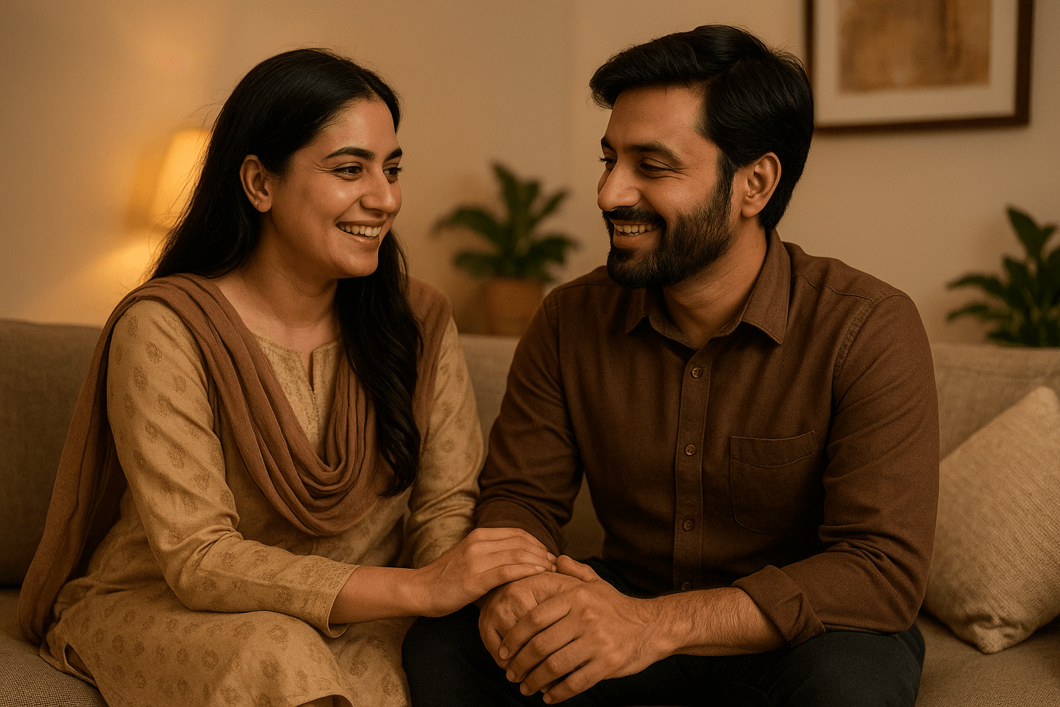 A Pakistani couple sitting together on a sofa, smiling and holding hands, symbolizing emotional intimacy in relationship with warmth and trust.