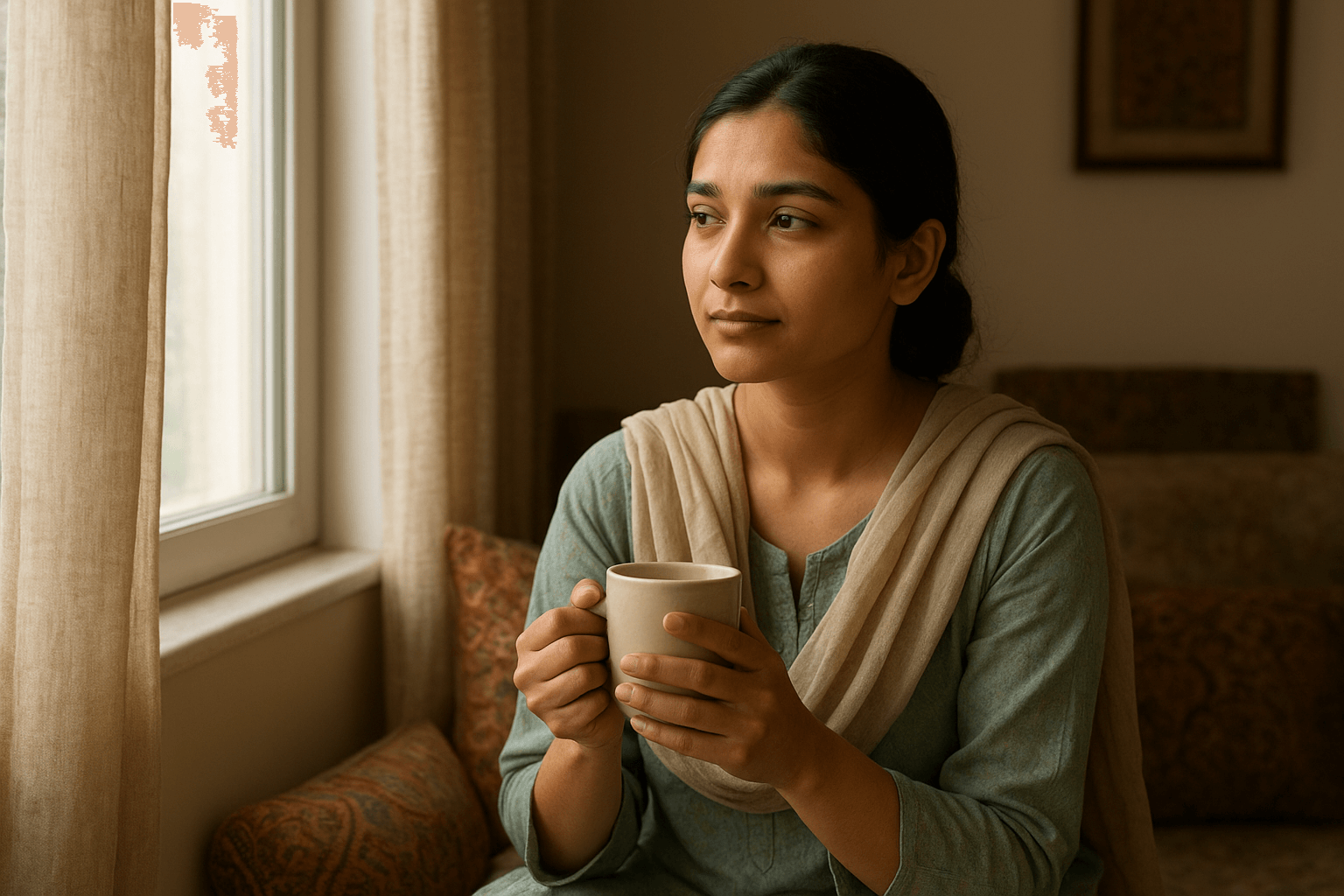 A South Asian person sitting peacefully by a window with soft daylight, holding a cup of tea in a cozy Pakistani home, symbolizing healing and emotional support through grief therapy in Pakistan.