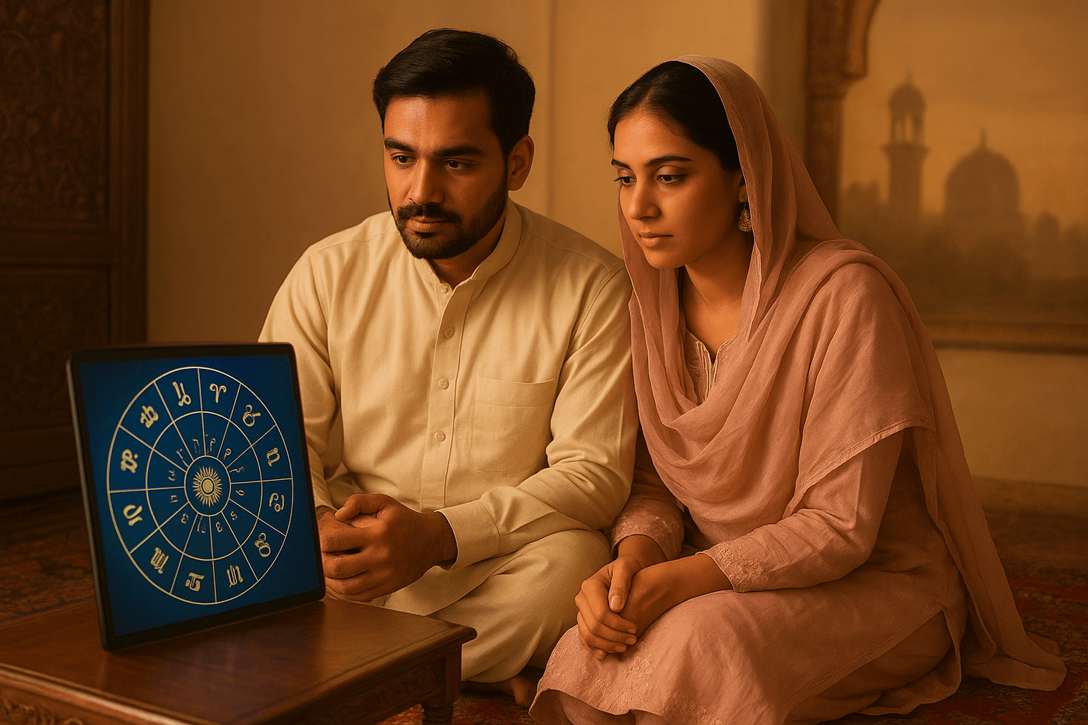 A Pakistani couple in traditional attire sitting together and looking at a horoscope chart, symbolizing marriage astrology in Pakistan with cultural décor in the background.