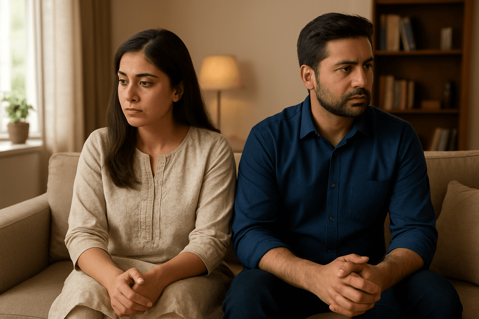 Pakistani couple experiencing silent divorce in Pakistan sitting apart at home.