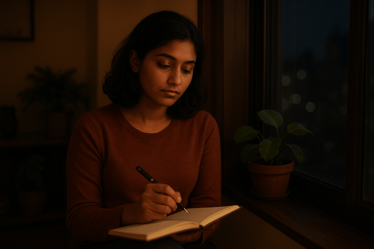 Therapy for overthinking in Pakistan – young person journaling with calm expression