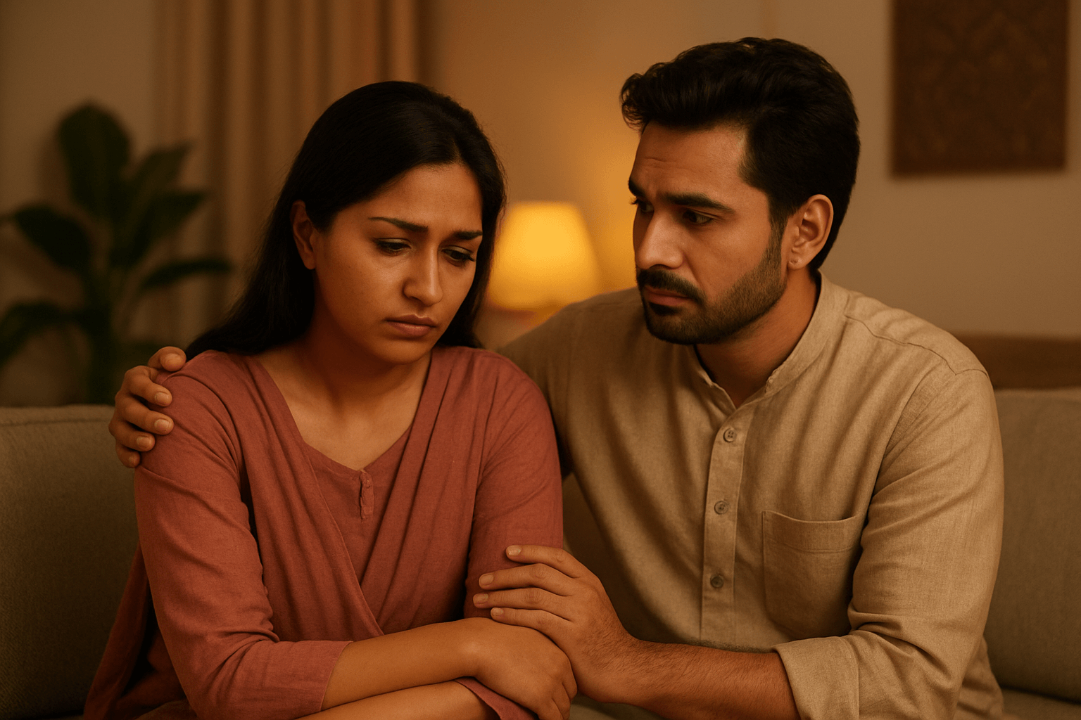 A South Asian couple in a calm setting, symbolizing rebuilding trust through therapy.