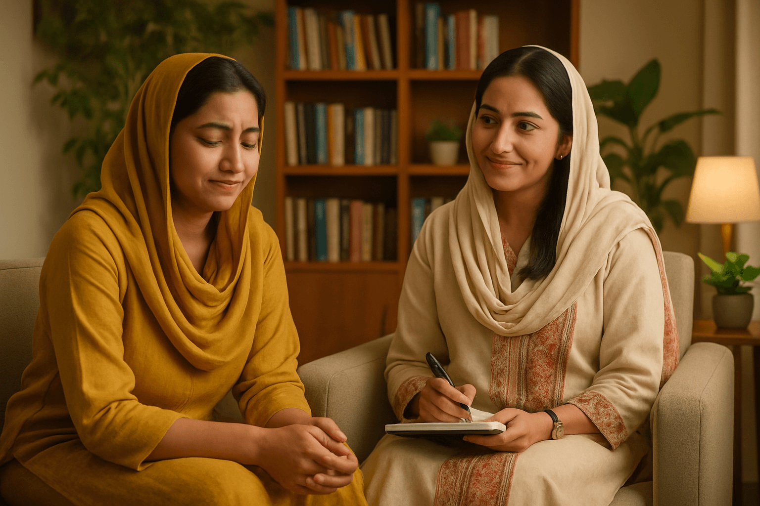 A South Asian woman receiving trauma recovery therapy from a calm and empathetic therapist in a warm, modern counseling room in Pakistan