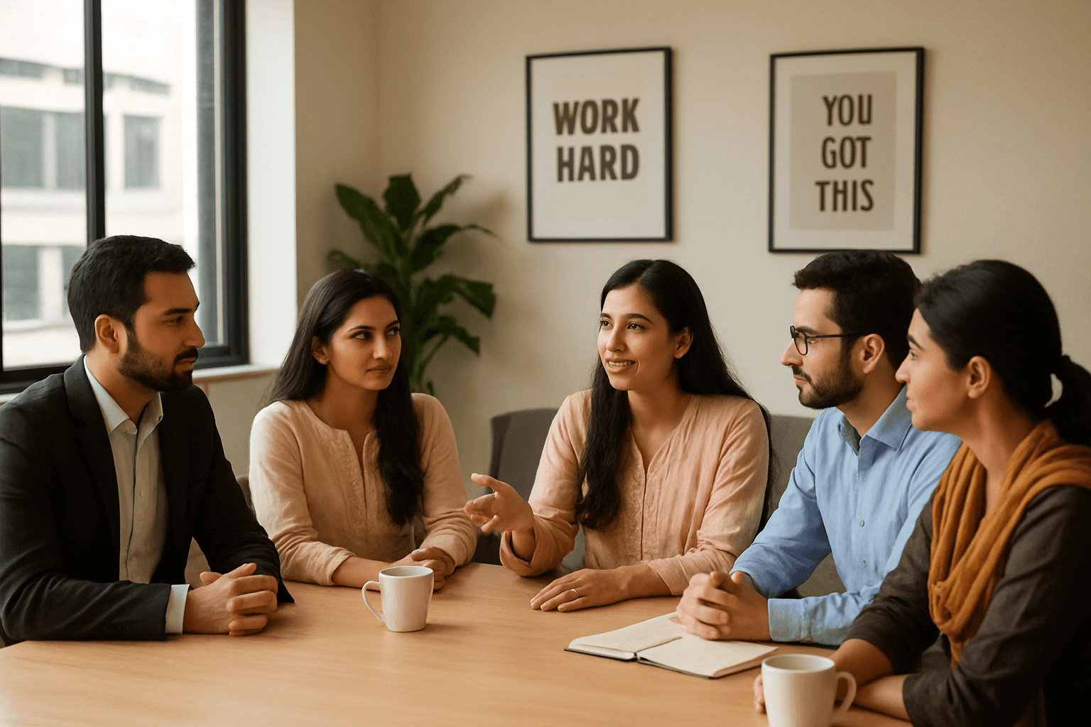 Pakistani office team discussing workplace mental health strategies in a modern workspace