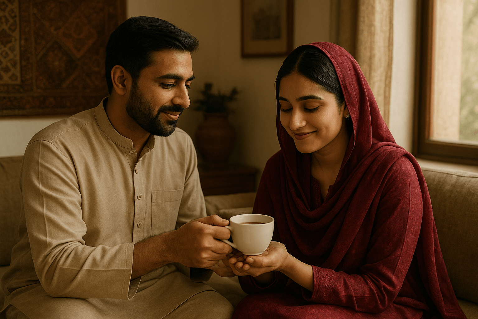 A Pakistani couple in a cozy home where the man brings tea to his partner. She smiles with quiet gratitude, symbolizing care and invisible support in relationships.