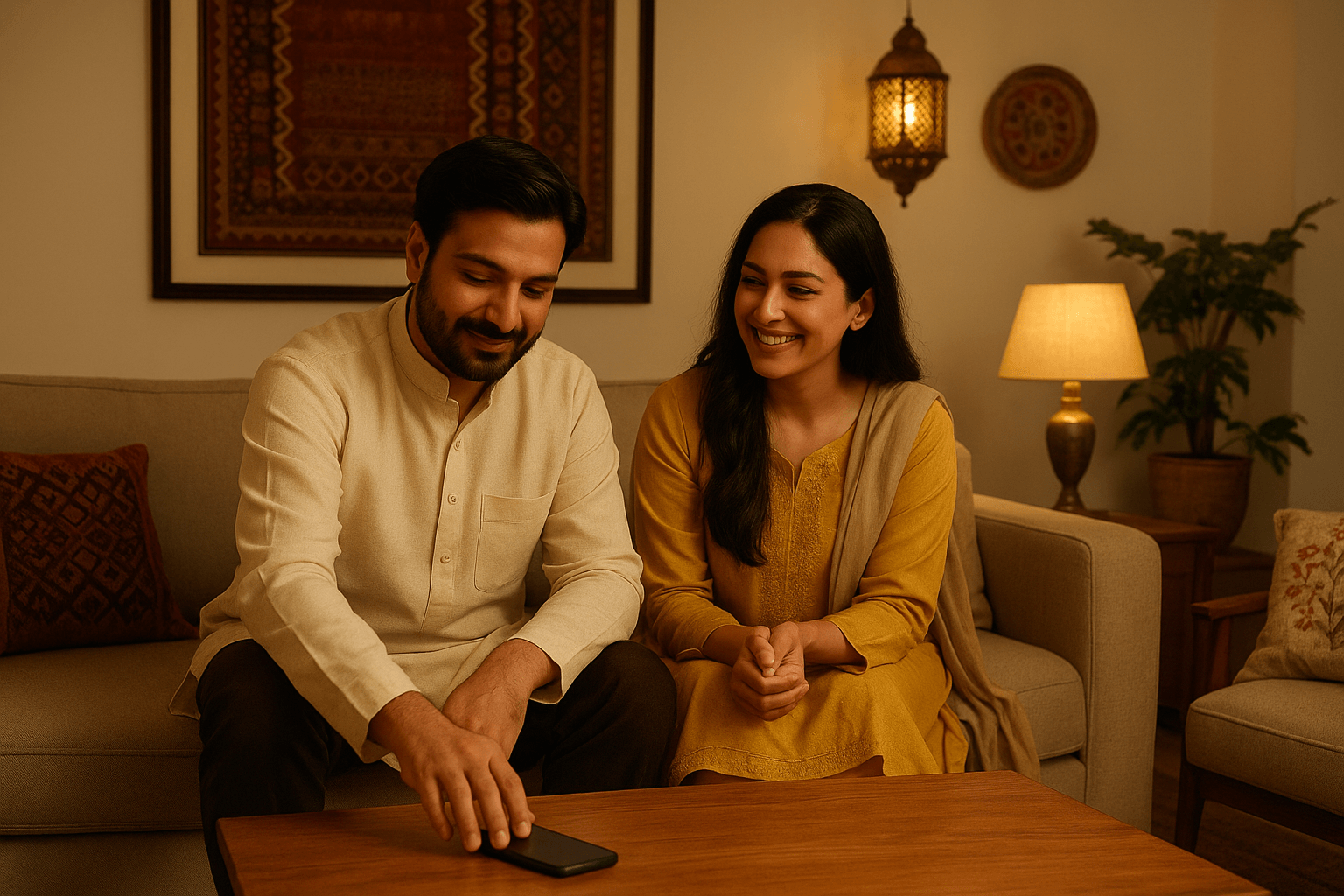 A Pakistani couple sitting together in a cozy home with cultural décor and soft lighting. The man sets his phone aside while the woman smiles, symbolizing trust, balance, and digital boundaries in relationships.