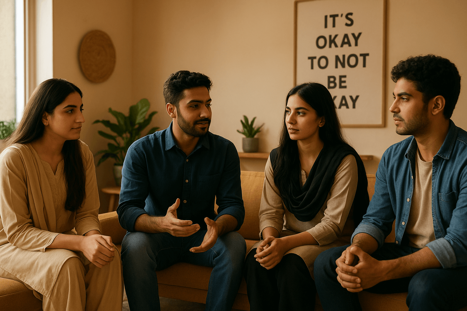Pakistani youth discussing mental health in a supportive counseling space, symbolizing awareness and hope.