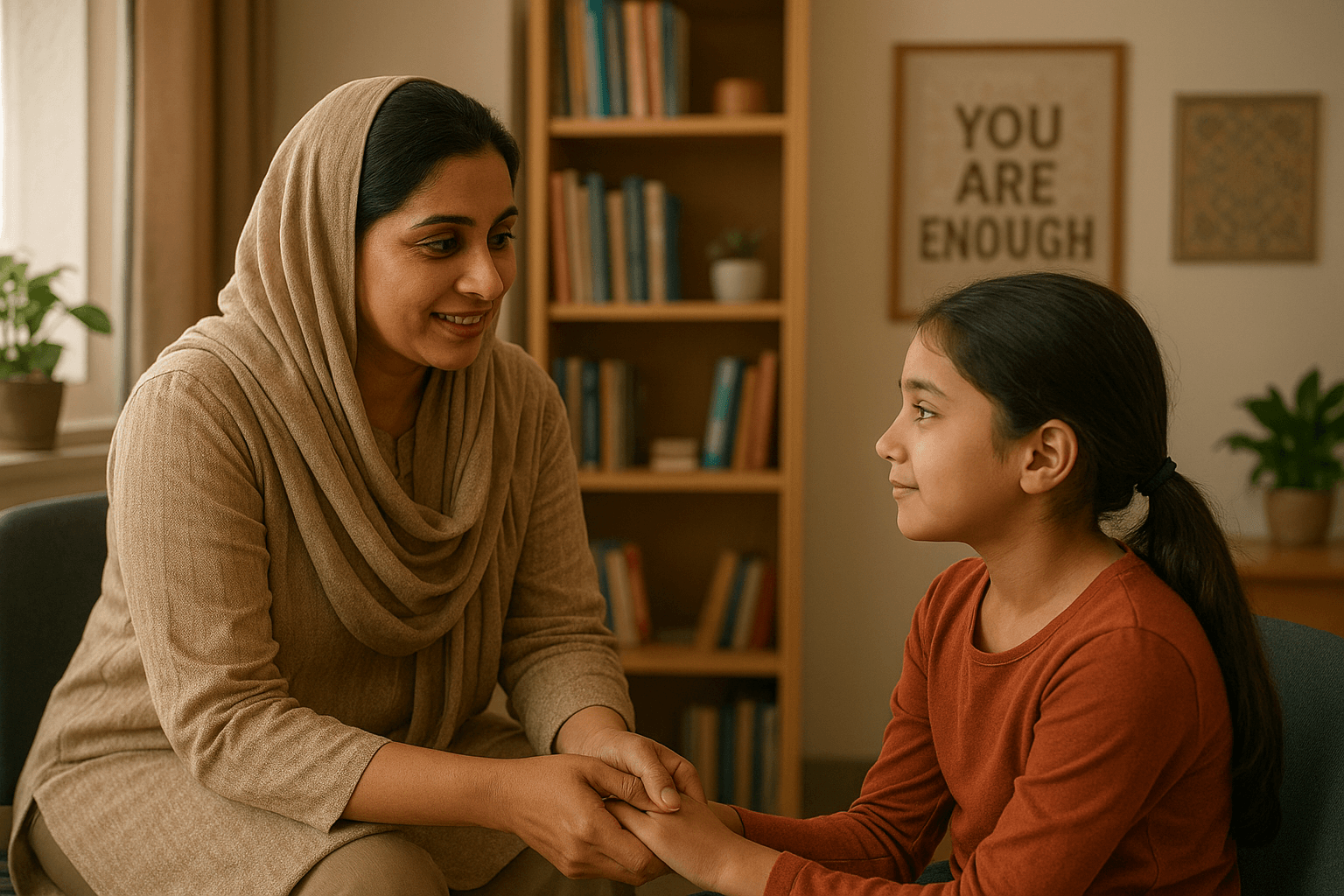 A Pakistani family sitting together in a cozy living room, parents comforting their child, symbolizing parenting challenges in Pakistan and the importance of mental health support.