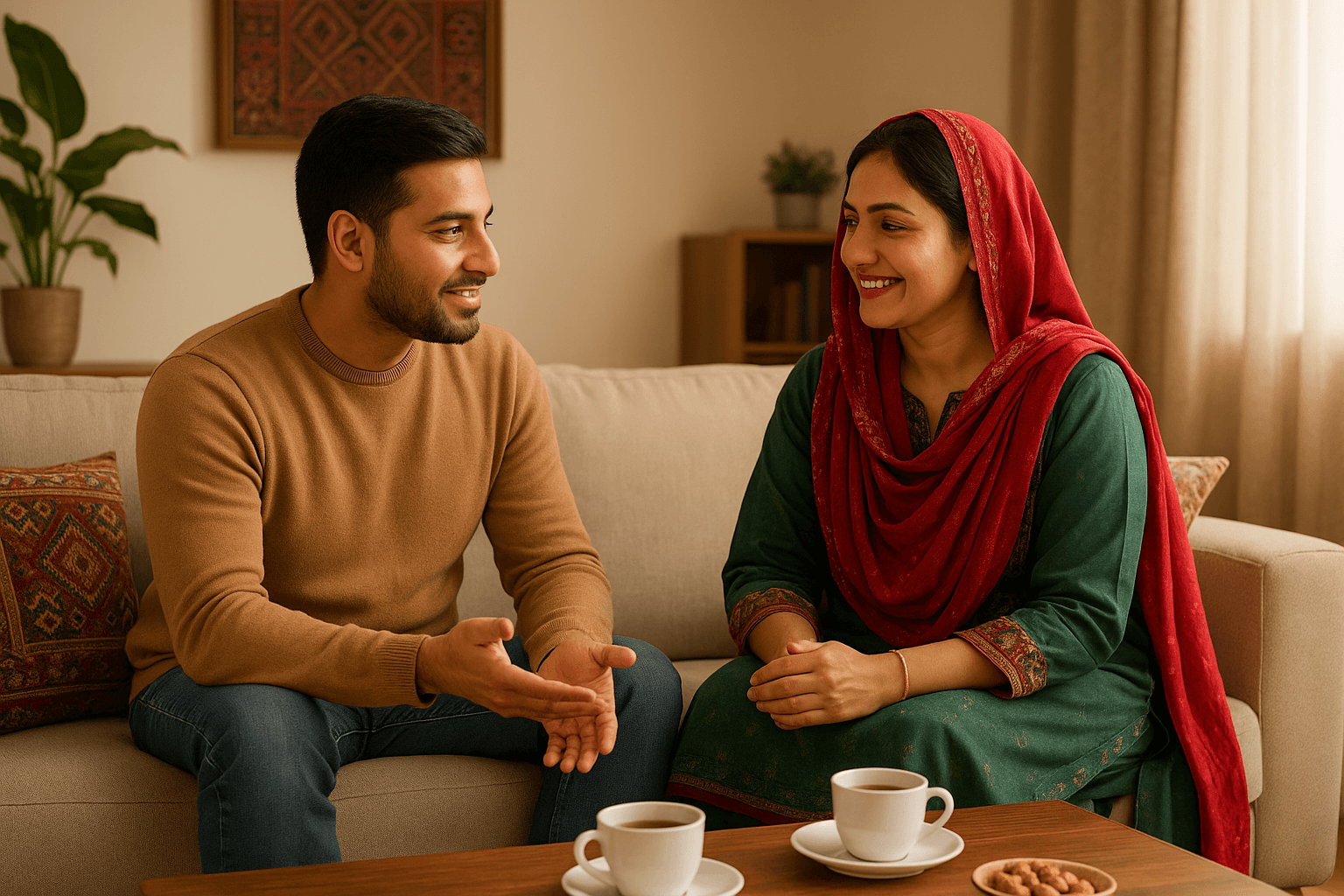 Pakistani couple sitting together at home having a calm conversation, symbolizing peace and relationship stress management