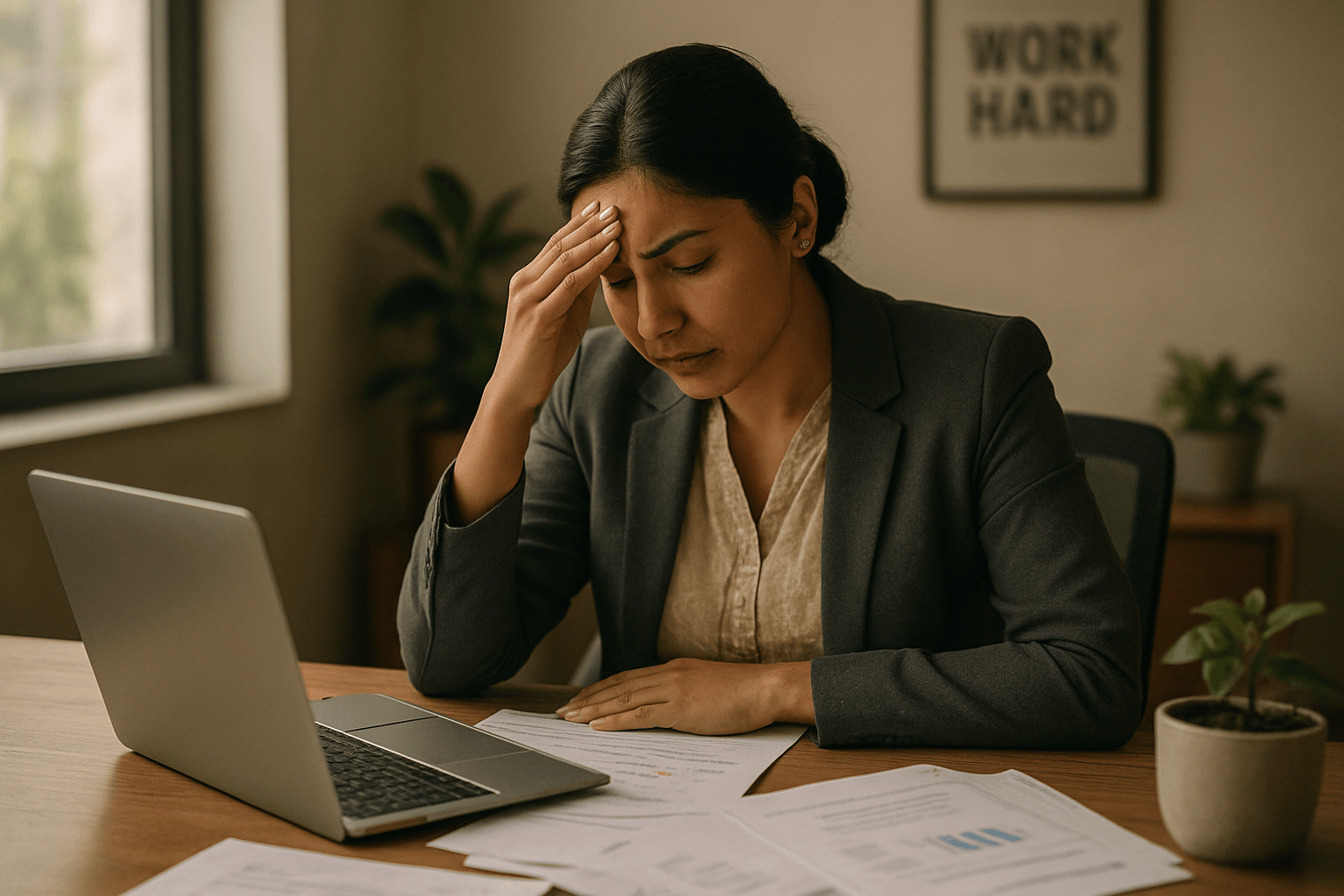 A Pakistani professional sitting at a modern office desk, looking stressed with papers and a laptop, symbolizing work stress in Pakistan.