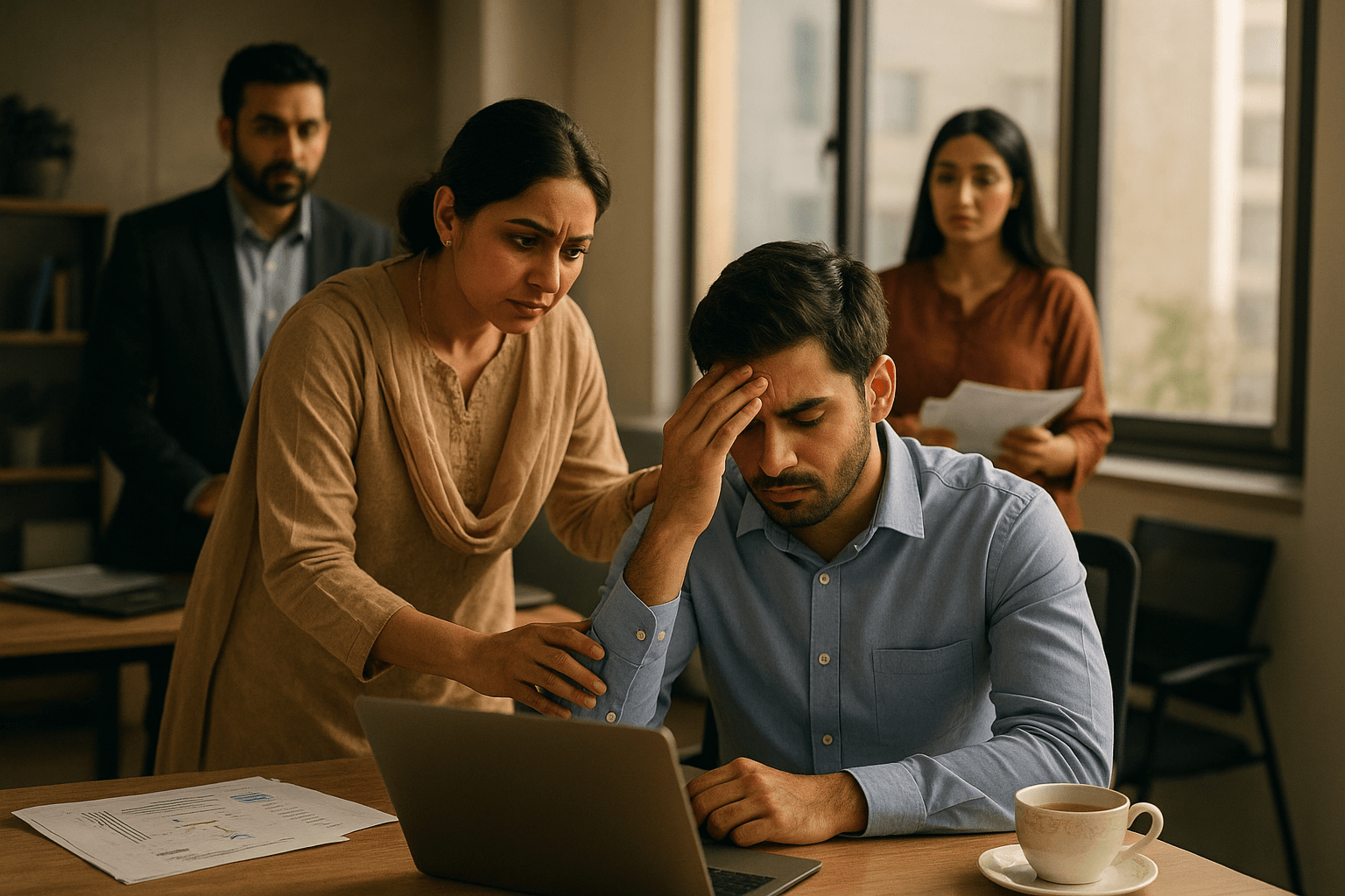 Pakistani employees in a modern office, one worker showing signs of workplace stress while colleagues offer support.